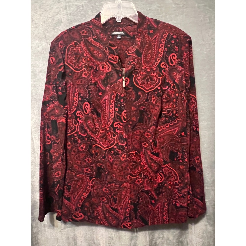 Notations 3X Red Black Paisley Zip Front Blouse Career Stretch Long Sleeve Top